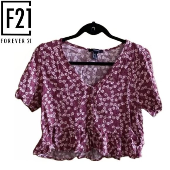 Forever 21 Red Ditsy Floral Print Button Up Top Size L - Picture 2 of 7